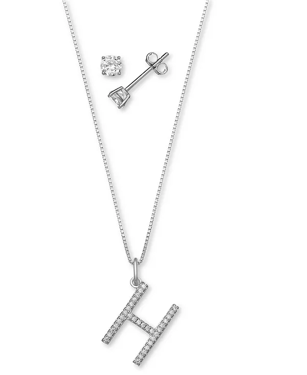 

Комплект из двух кулонов с инициалами из кубического циркония и серег-гвоздиков с солитером из стерлингового серебра, созданный для Macy's. Giani Bernini, h