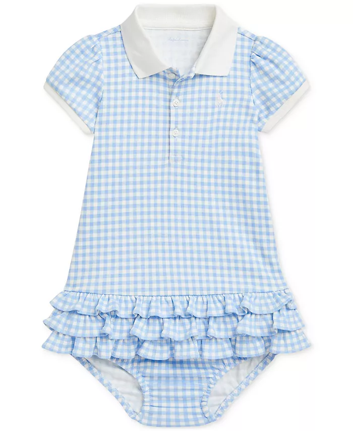 

Платье-поло в клетку с рюшами для девочек Polo Ralph Lauren, синий