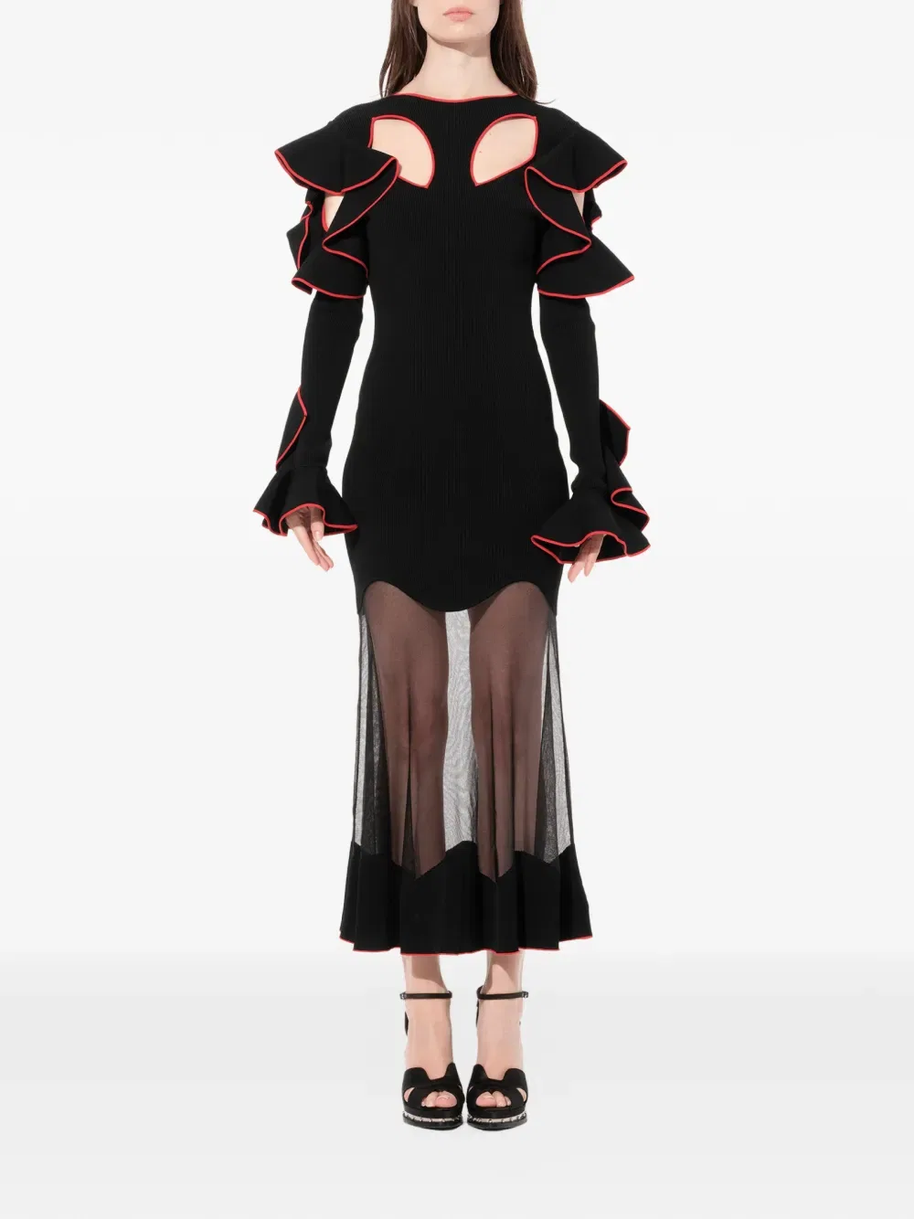 Платье с оборками и вырезами Alexander Mcqueen, черный — фото 2