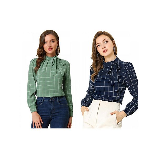 

2 упаковки женских блузок с бантом и клетчатым принтом для офиса Inspire Chic, Green Navy Blue