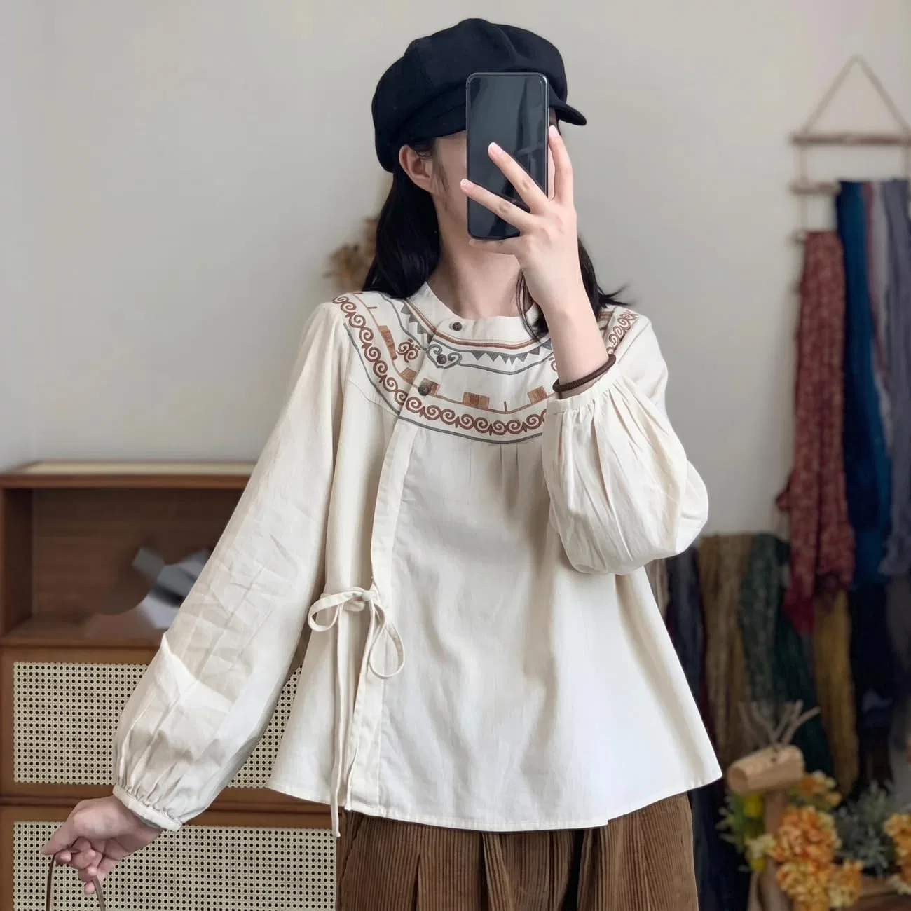Блуза с вышивкой, свободная, из коллекции Ethnic, темно-синий — фото 3