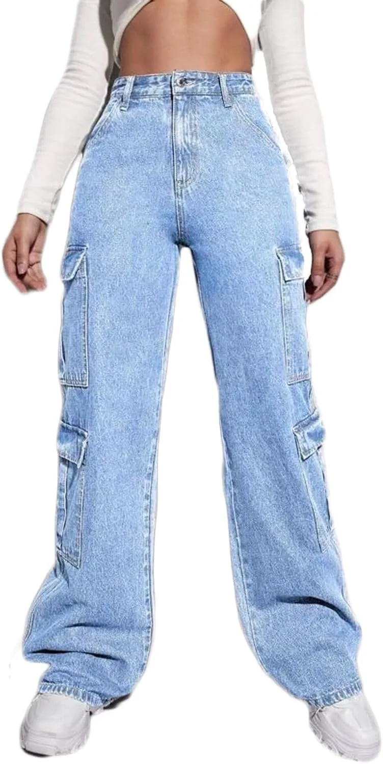 

Женские джинсы карго с высокой талией и накладными карманами HBER