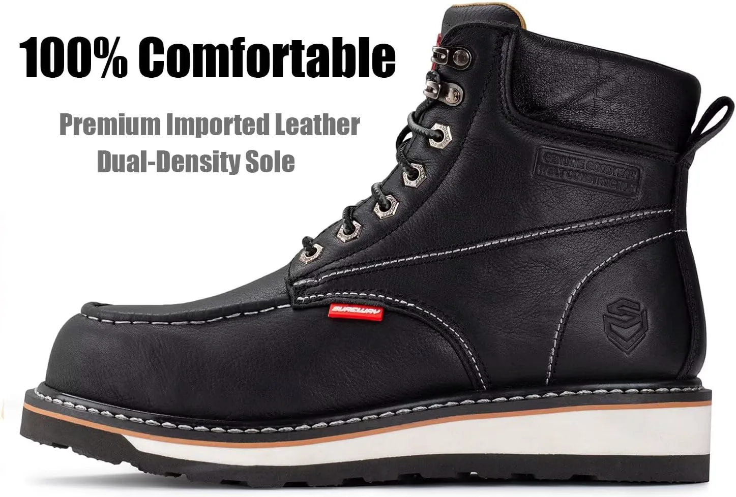 

Ботинки для работы SUREWAY 6” для мужчин, тяжелые, стальные/композитные/мягкий носок, удобные и долговечные, прошивка Goodyear, кожа полного зерна, маслостойкие/нескользящие, промышленная обувь с клиновидным носком/Moc Toe, черный