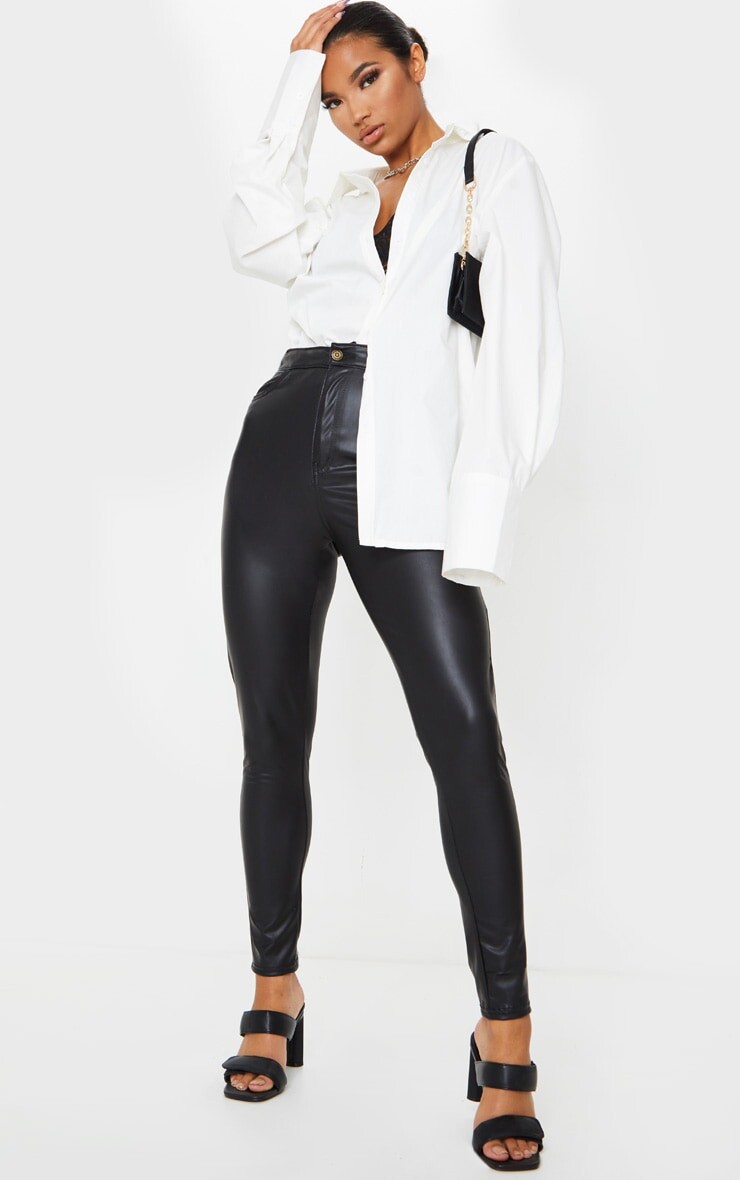 

PrettyLittleThing Черные узкие брюки из искусственной кожи на пуговицах, Черный, PrettyLittleThing Черные узкие брюки из искусственной кожи на пуговицах