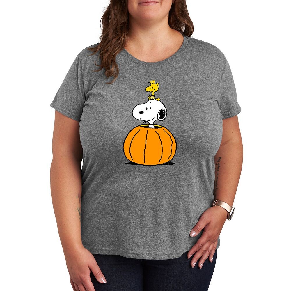 

Плюс размер Футболка с рисунком тыквы Peanuts Snoopy & Woodstock Licensed Character, цвет Heather Gray