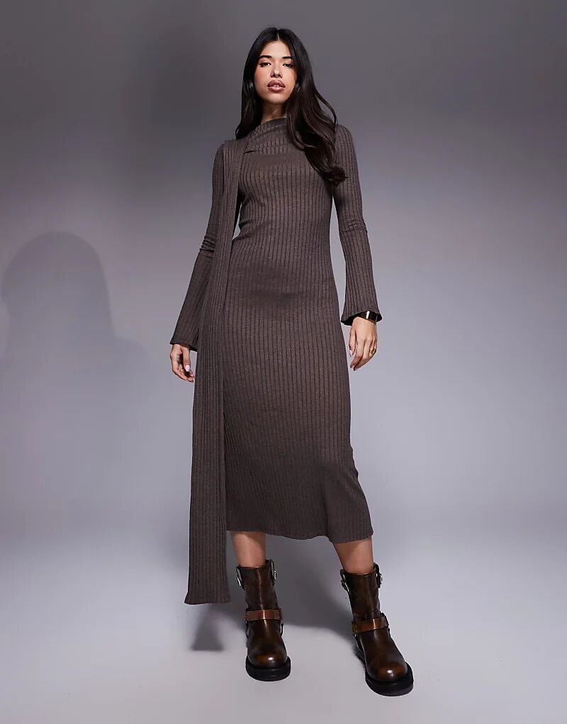 

Длинное платье шоколадного цвета с длинными рукавами и шарфом от ASOS DESIGN
