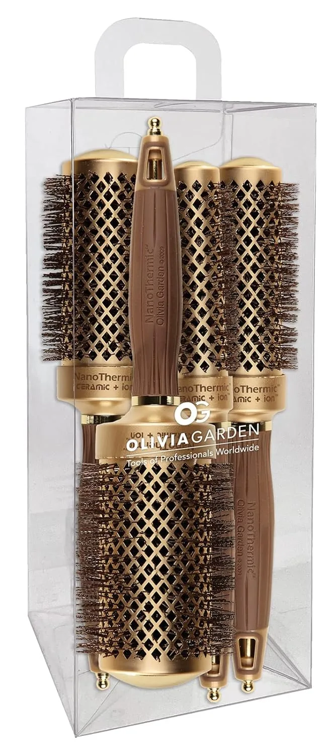 Термощетка для укладки волос Olivia Garden NanoThermic Ceramic + Ion Round Thermal Hair Brush - не электрическая - профессиональная щетка для нормальных и густых волос. Коробка из 4 штук, Gold / Chocolate
