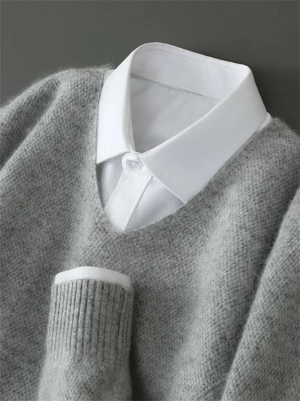 100 Percent Mink Cashmere мужской свитер с V-образным вырезом, длинным рукавом, пуловер, вязаный, повседневный, свободный, мягкий, теплый топ Generic, бежевый — фото 2