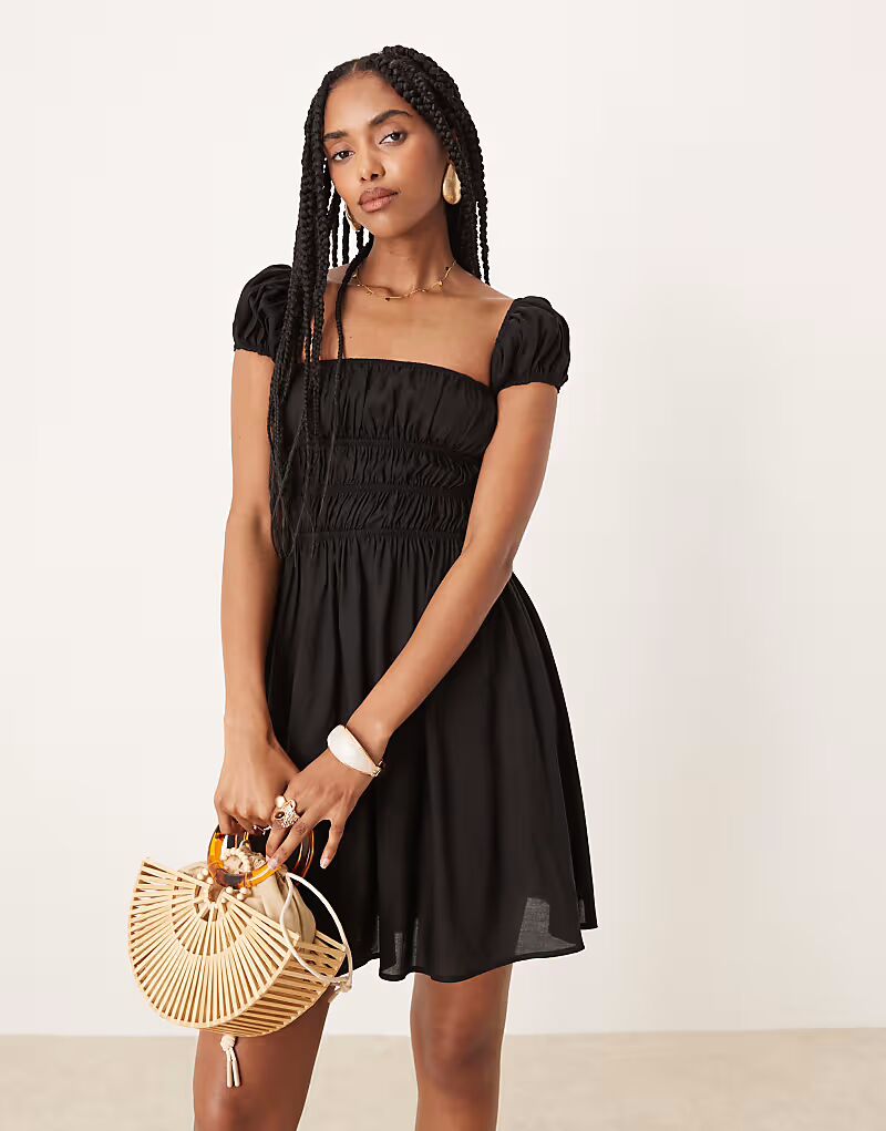 

Мини-платье ASOS DESIGN с квадратным вырезом и присборенной талией черного цвета