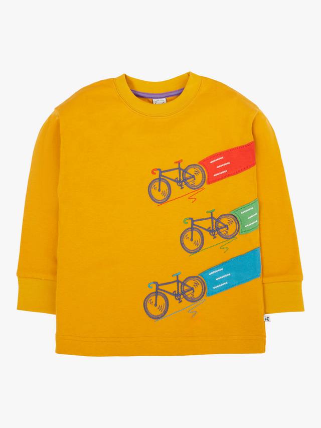 

Детская футболка Owen с длинными рукавами из хлопка Frugi, Gold/Bikes
