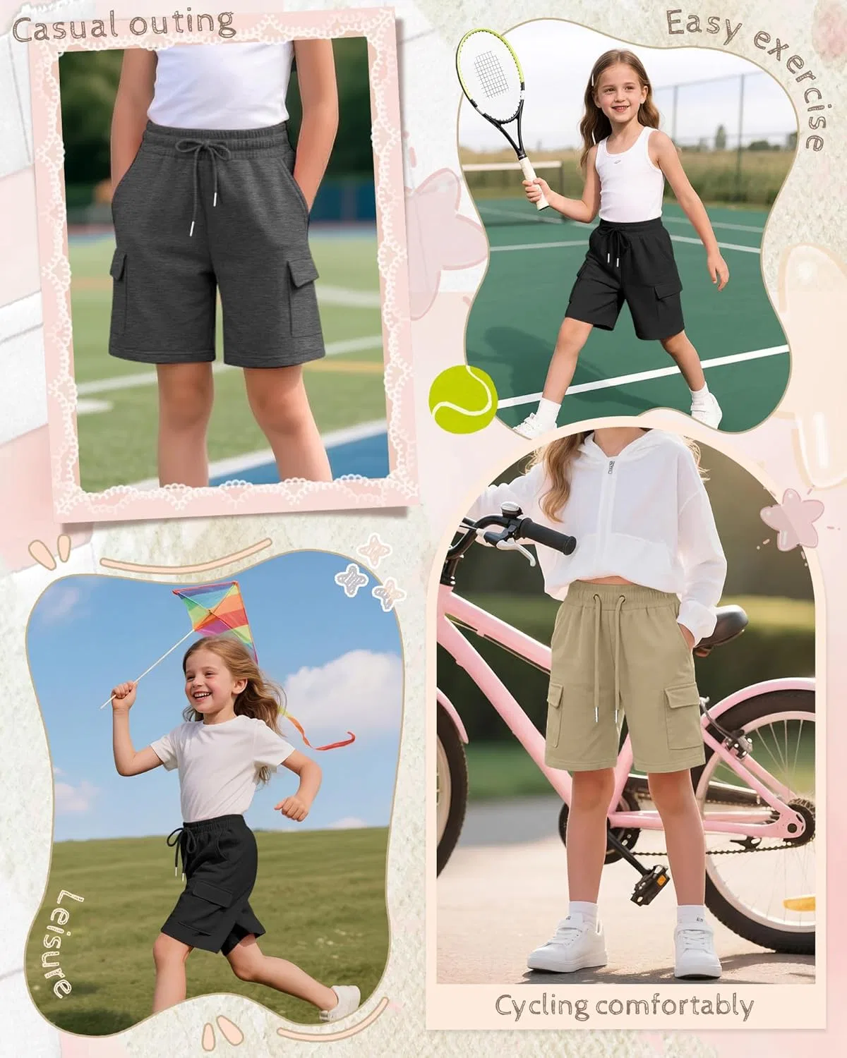 Шорты бермуды для девочек, 3 шт, LessonZoo, Black, Dark Gray, Light Khaki — фото 2
