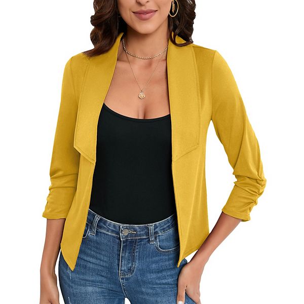 

Женский укороченный пиджак-кардиган с 3/4 рукавом и сборками Kojooin, Yellow