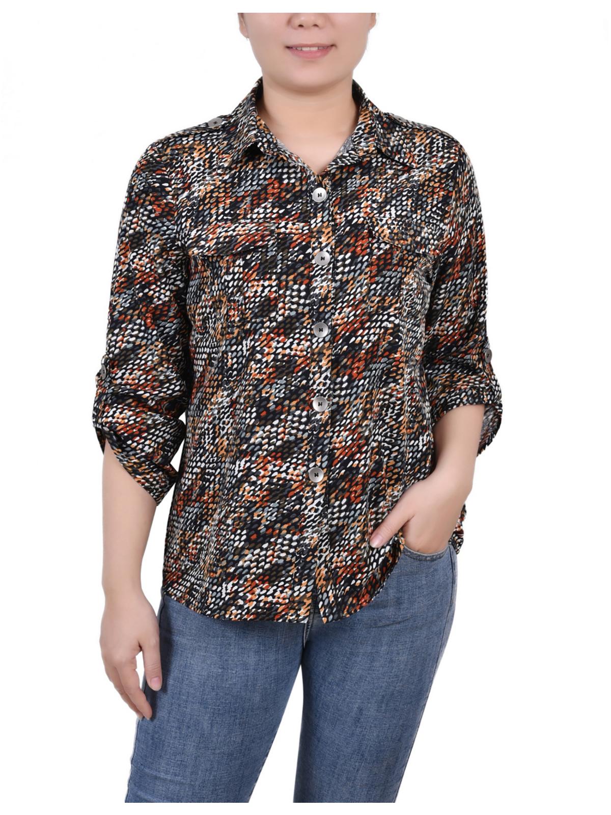 

Женский топ Petites с воротником и рукавом три четверти на пуговицах NY Collection, цвет black/ gray rust geo