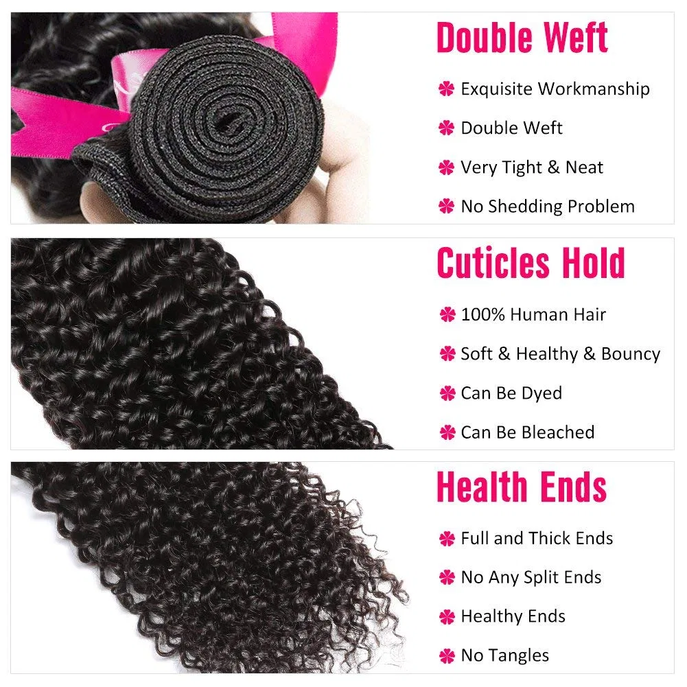 Натуральные волосы для наращивания «Curly Kinky Weave» с кружевной застежкой Lovfir, Natural Black — фото 3