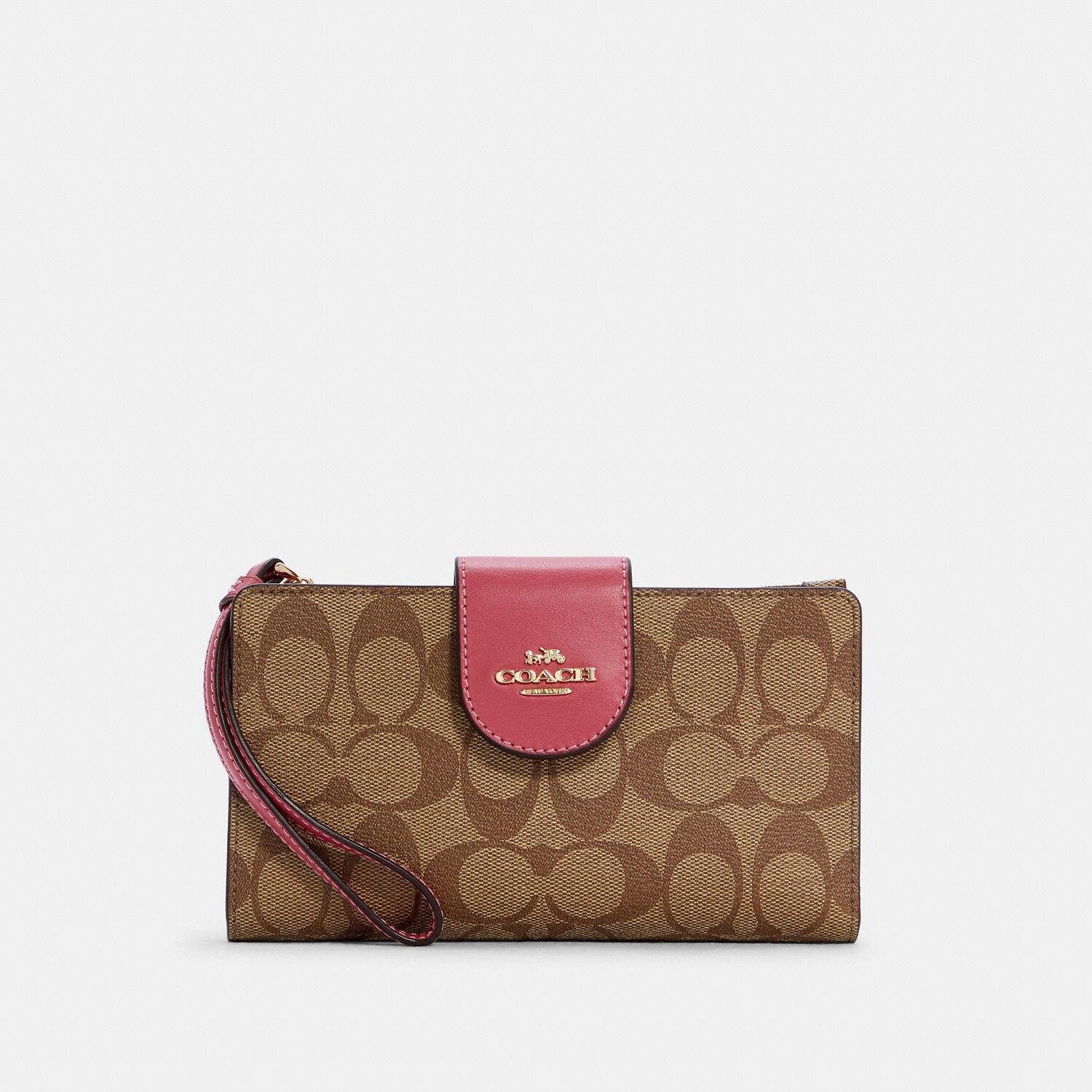 

Кошелек для телефона Coach Outlet Tech из канвы с цветными блоками и подписью, цвет Gold/Kh/Strwbrry Hz