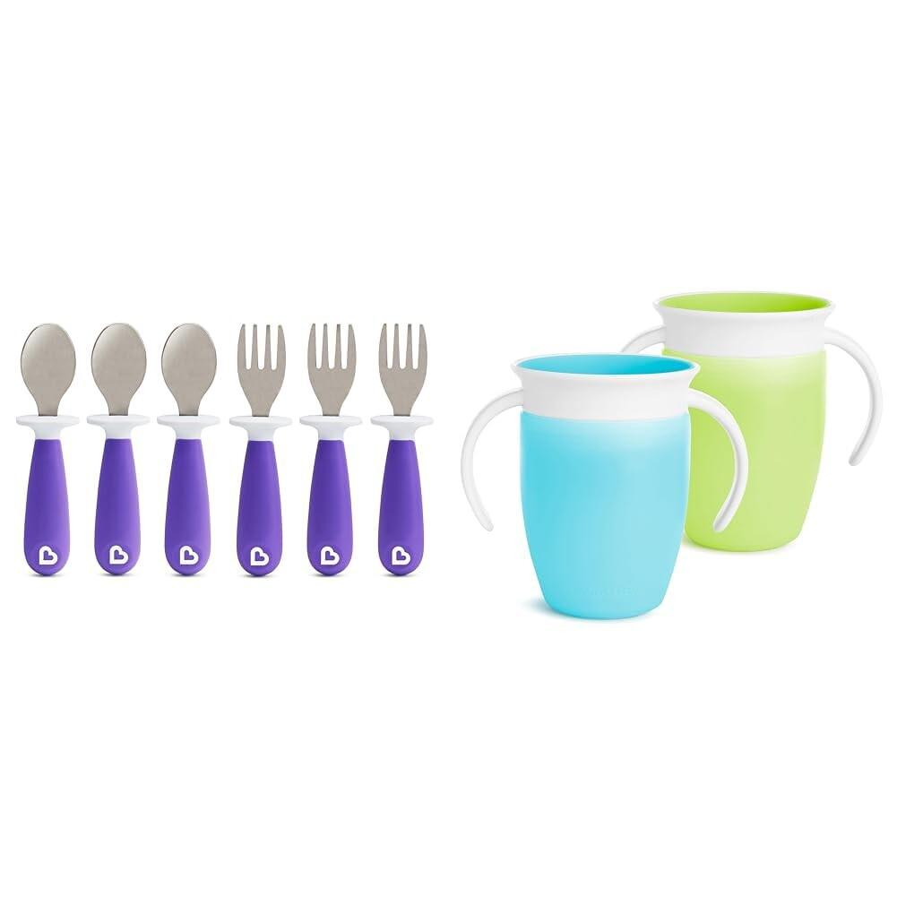 

Munchkin® Raise TM, 6 шт., набор посуды для малышей и Miracle® 360°, 2 шт., комплект чашек-непроливайки, 7 унций, фиолетовый/зеленый