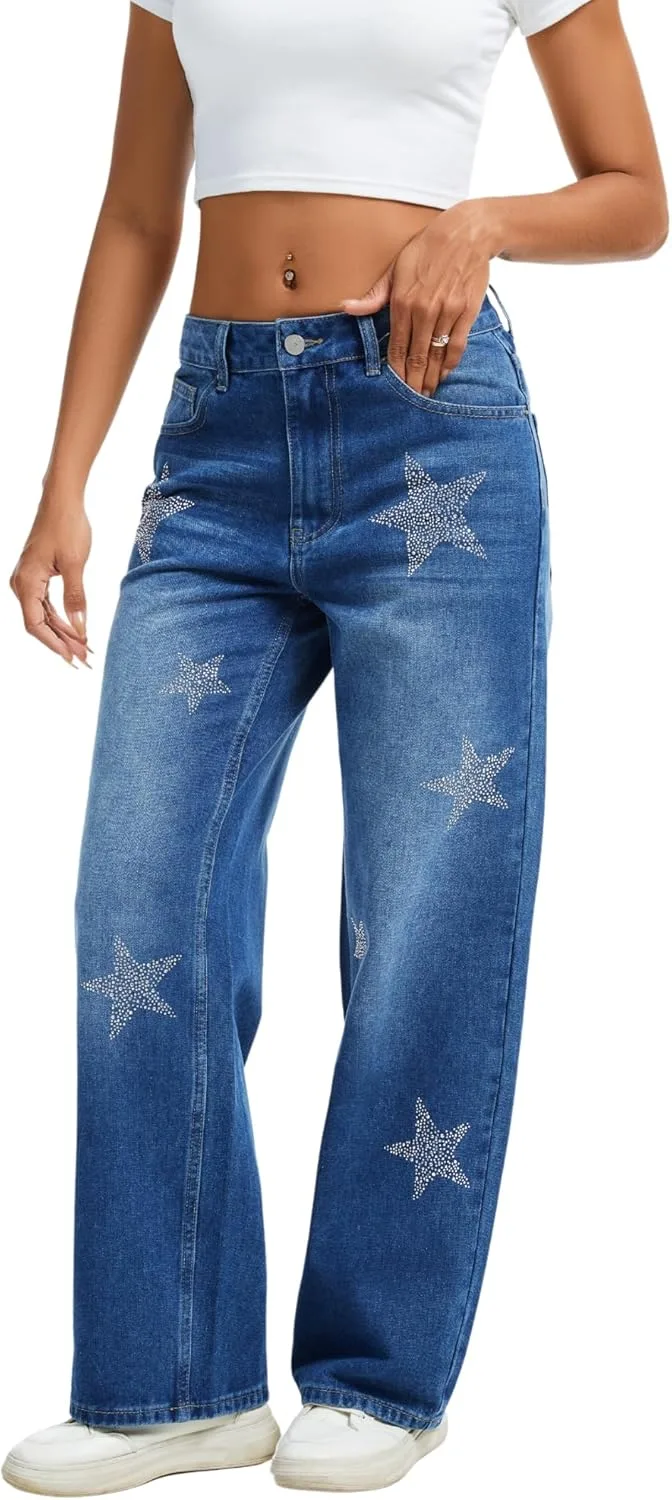 

Женские джинсы прямого кроя с пайетками Star Sparkling для вечеринок Wanduyini