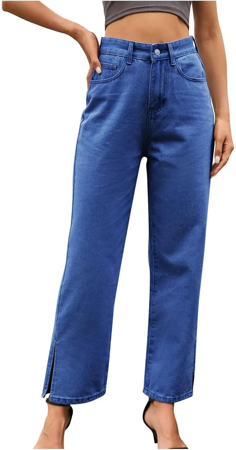 

Джинсы для женщин High Waisted Straight Leg с боковым разрезом