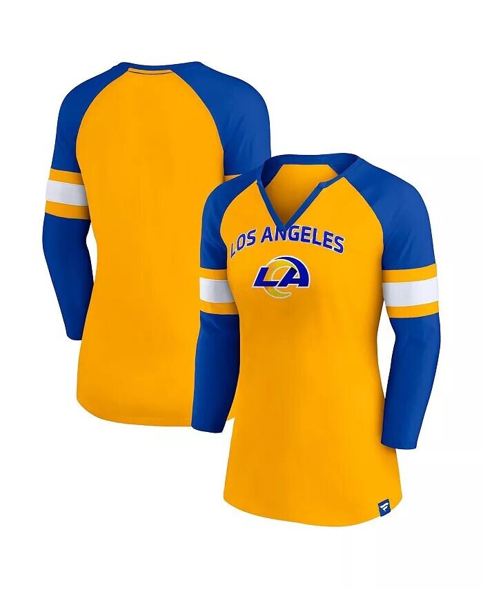 

Женская золотая футболка Royal Los Angeles Rams Arch реглан с вырезом в горловине и рукавами 3/4 Fanatics