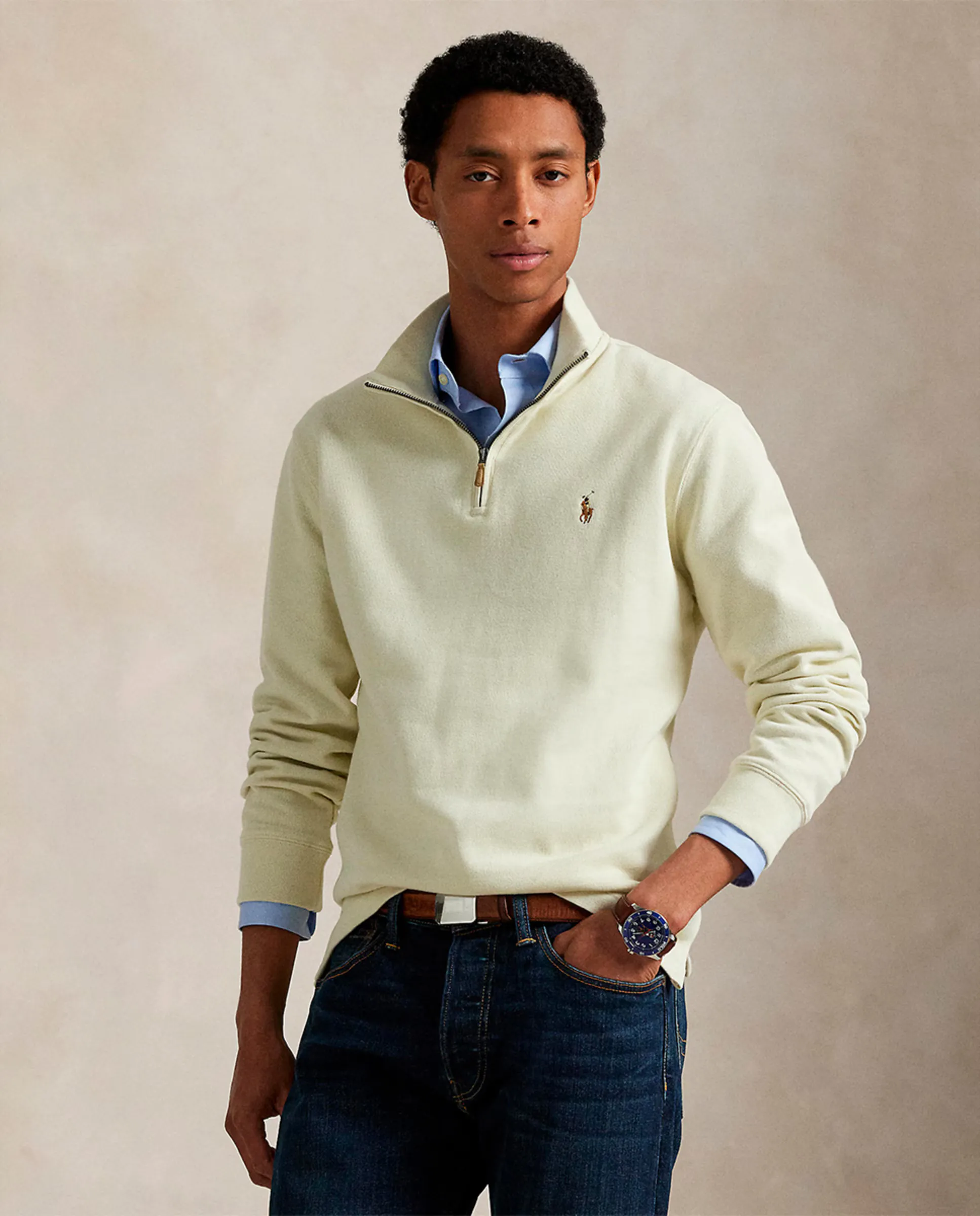 

Джемпер мужской Estate-Rib с короткой молнией больших размеров Polo Ralph Lauren, цвет Crudo