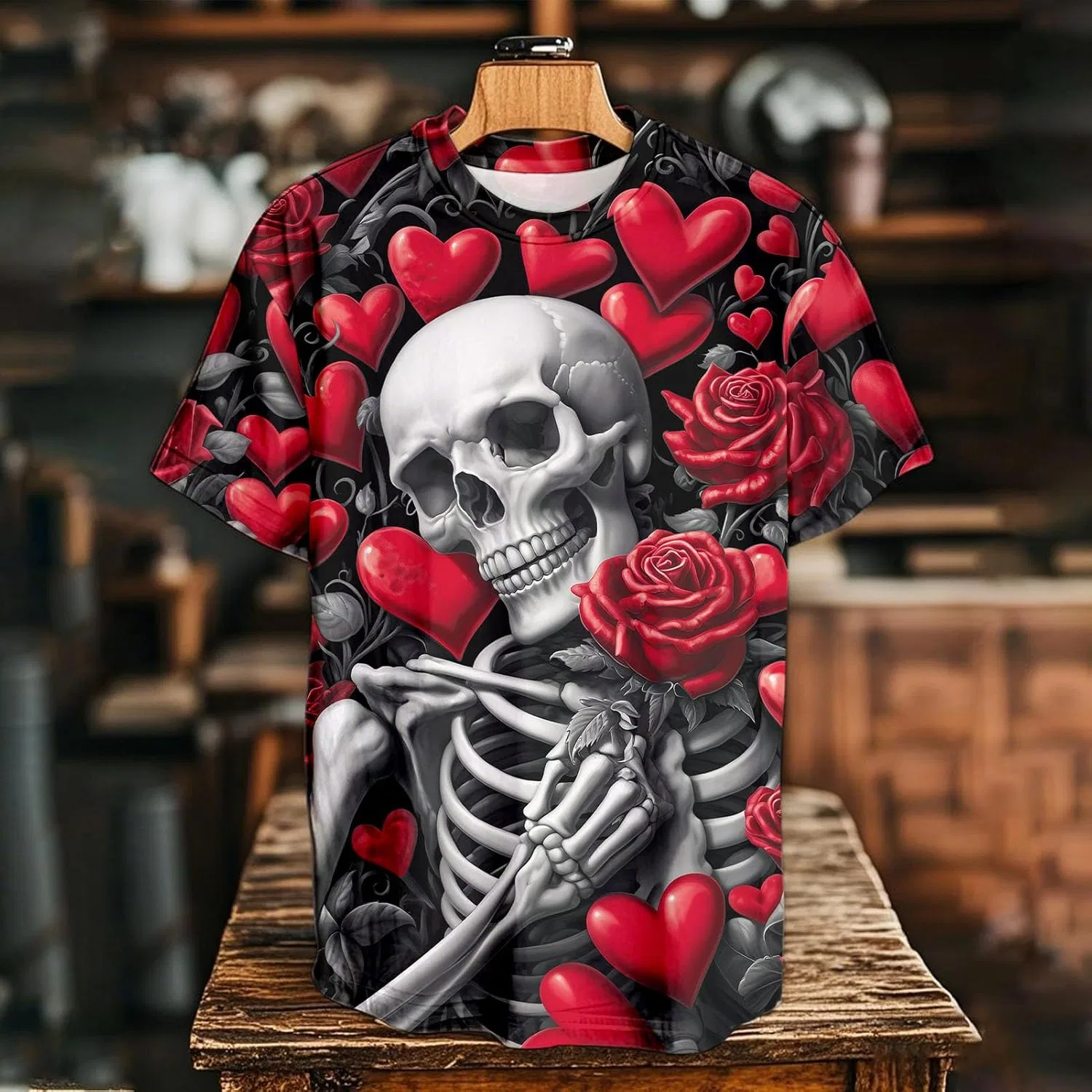 Generic Футболка Valentine's Day для мужчин с принтом череп, сердце и роза, короткий рукав, готический трендовый кэжуал, для праздника, вечеринки или свидания — фото 3