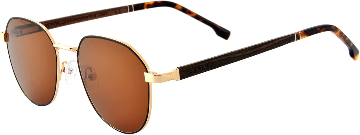 

Поляризованные солнцезащитные очки SHINU для мужчин, очки для вождения, защита от УФ-излучения UV400, металлическая и деревянная оправа, квадратная форма, летние очки для рыбалки, W902, Black and Gold