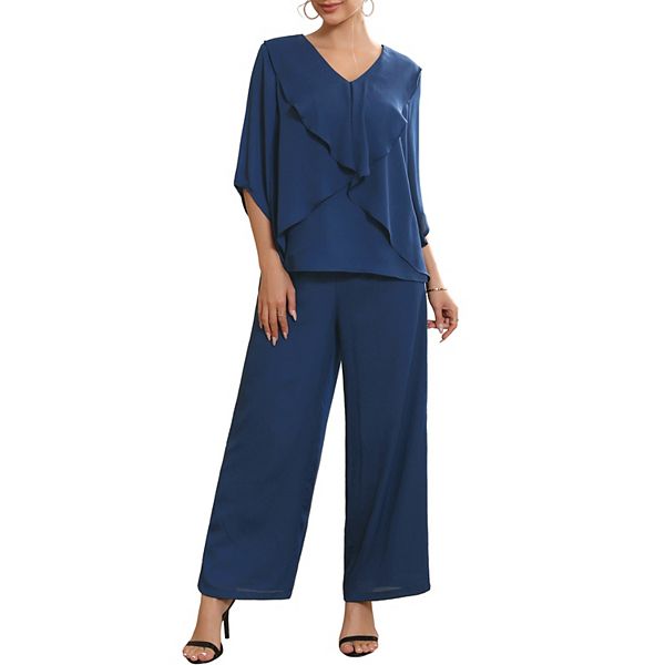 

Женский костюм-двойка для матери невесты из шифона с рюшами, V-образным вырезом и широкими брюками Inspire Chic