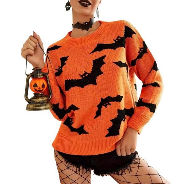 

Женский свитер с рисунком летучей мыши на Хэллоуин, длинный рукав, круглый вырез, свободный крой Yesfashion, Orange Bat