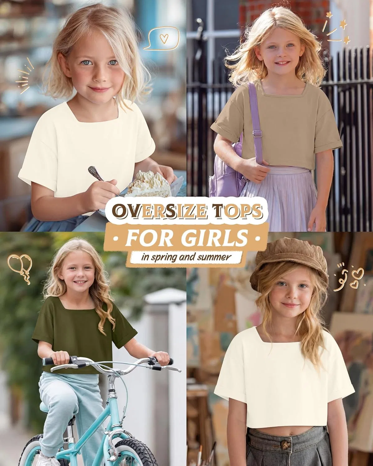Детские топы оверсайз с квадратным вырезом, 3 шт, LessonZoo, Khaki, Cream, Army Green — фото 2