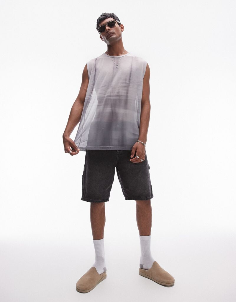

Topman — футболка оверсайз без рукавов из черной сетки с меланжевым принтом