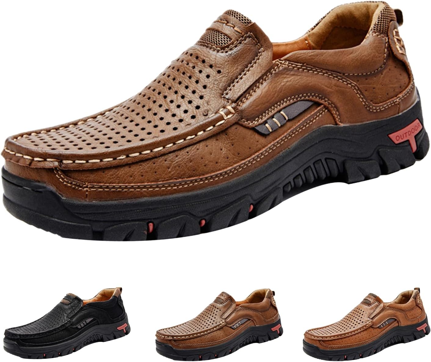 

Мужские слипоны с поддержкой свода стопы для улицы, удобные кожаные туфли с ручной прошивкой, эластичные, противоскользящие, для путешествий, походов и повседневной носки Geezxwsl, коричневый