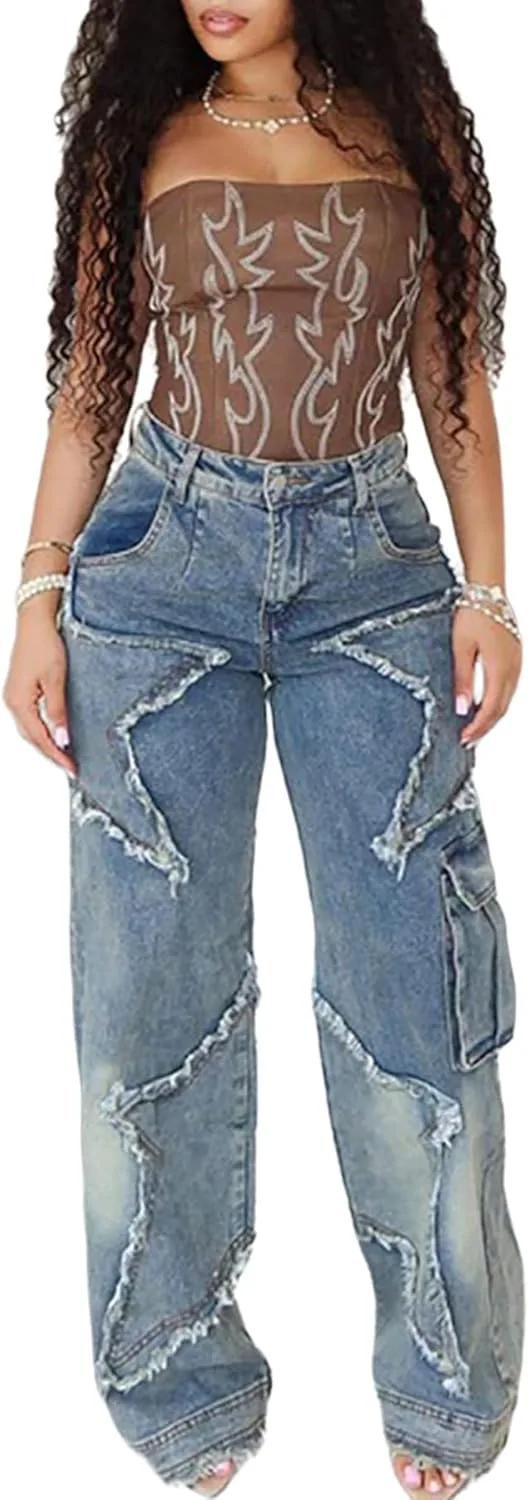 

Ecirod Y2k джинсы с пачворком и звездами, широкие, distressed