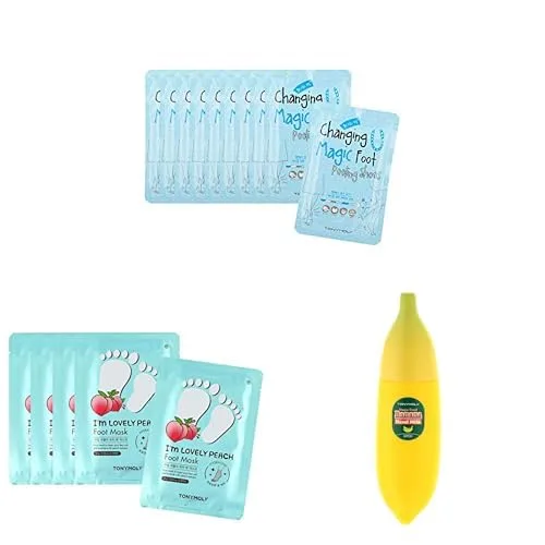 TONYMOLY Smooth Trio: отшелушивающие носочки Changing U Magic Foot, 10 шт + маска для ног I'm Lovely Peach, 5 шт + увлажняющий крем для рук Magic Fruit, банан, 43 г