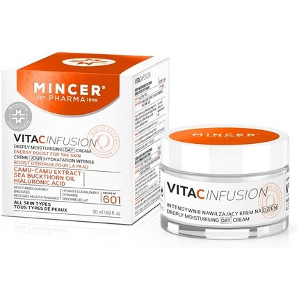 

Mincer Pharma Vita C Infusion Глубоко увлажняющий дневной крем для лица для всех типов кожи с экстрактом камю-каму, облепиховым маслом и гиалуроновой кислотой 50 мл, Mincer Est. Pharma 1989