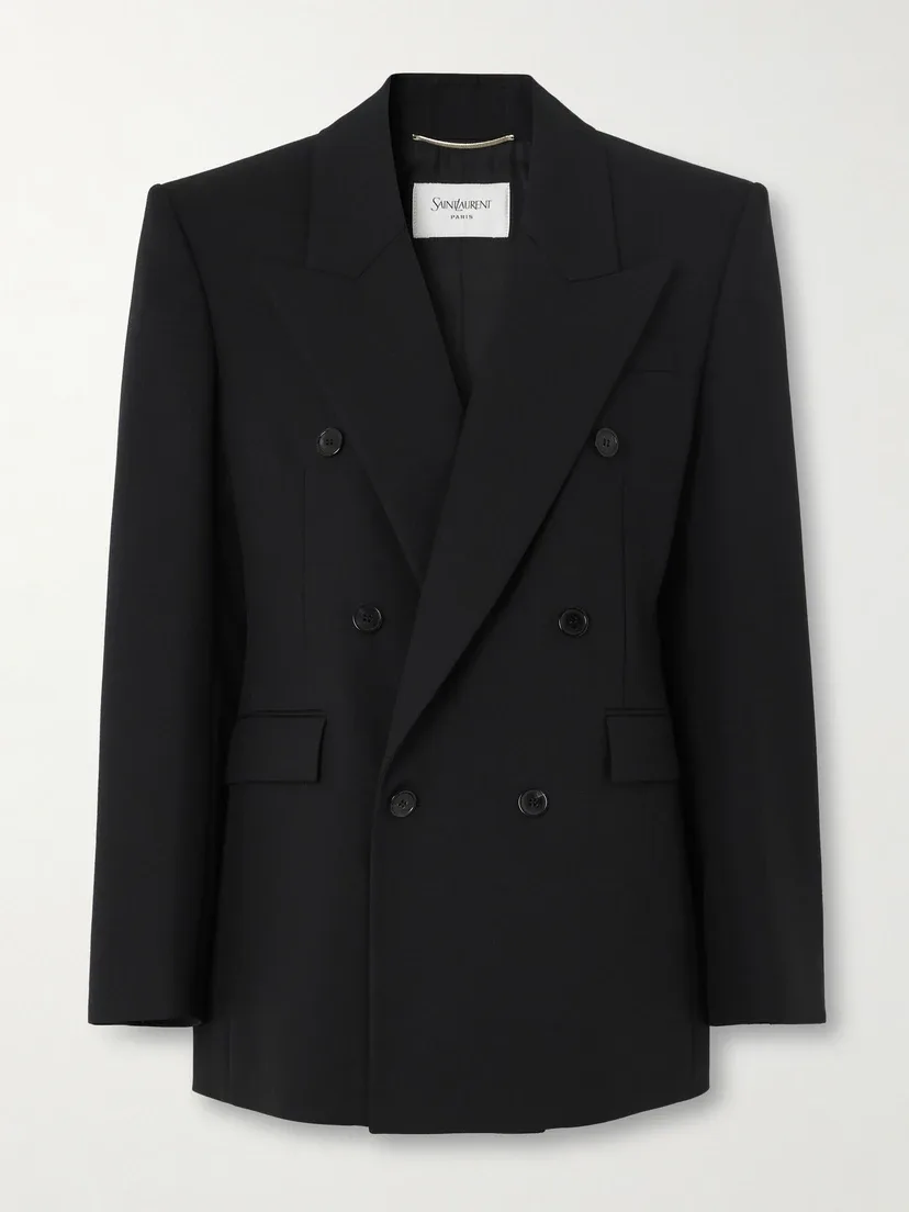 Двубортный блейзер из шерсти grain de poudre SAINT LAURENT, черный