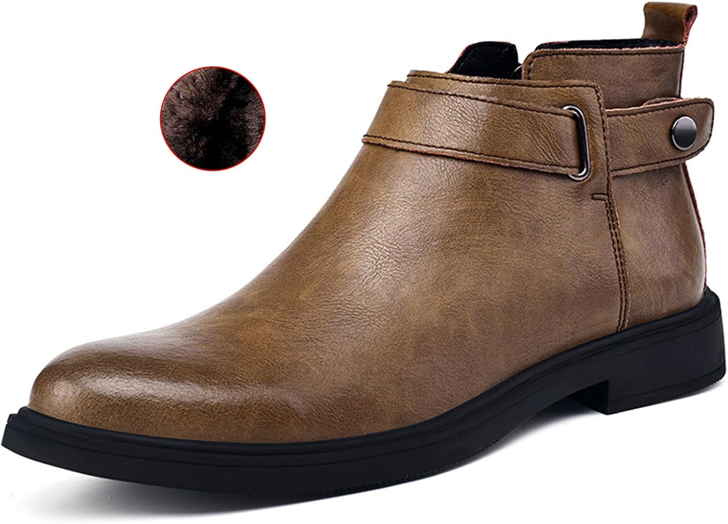 

Мужские ботинки Челси с пряжкой из натуральной кожи, низкий каблук, заостренный носок, боковая молния, мягкая подошва, классические ретро-ботильоны Чакка для делового и повседневного ношения Wyuetra, коричневый