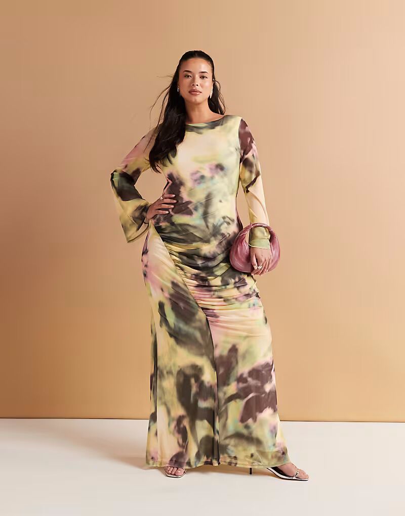 

Платье макси из сетки ASOS DESIGN Curve с длинными рукавами, двойными завязками сзади, с принтом зеленого и желтого цветов ASOS Curve