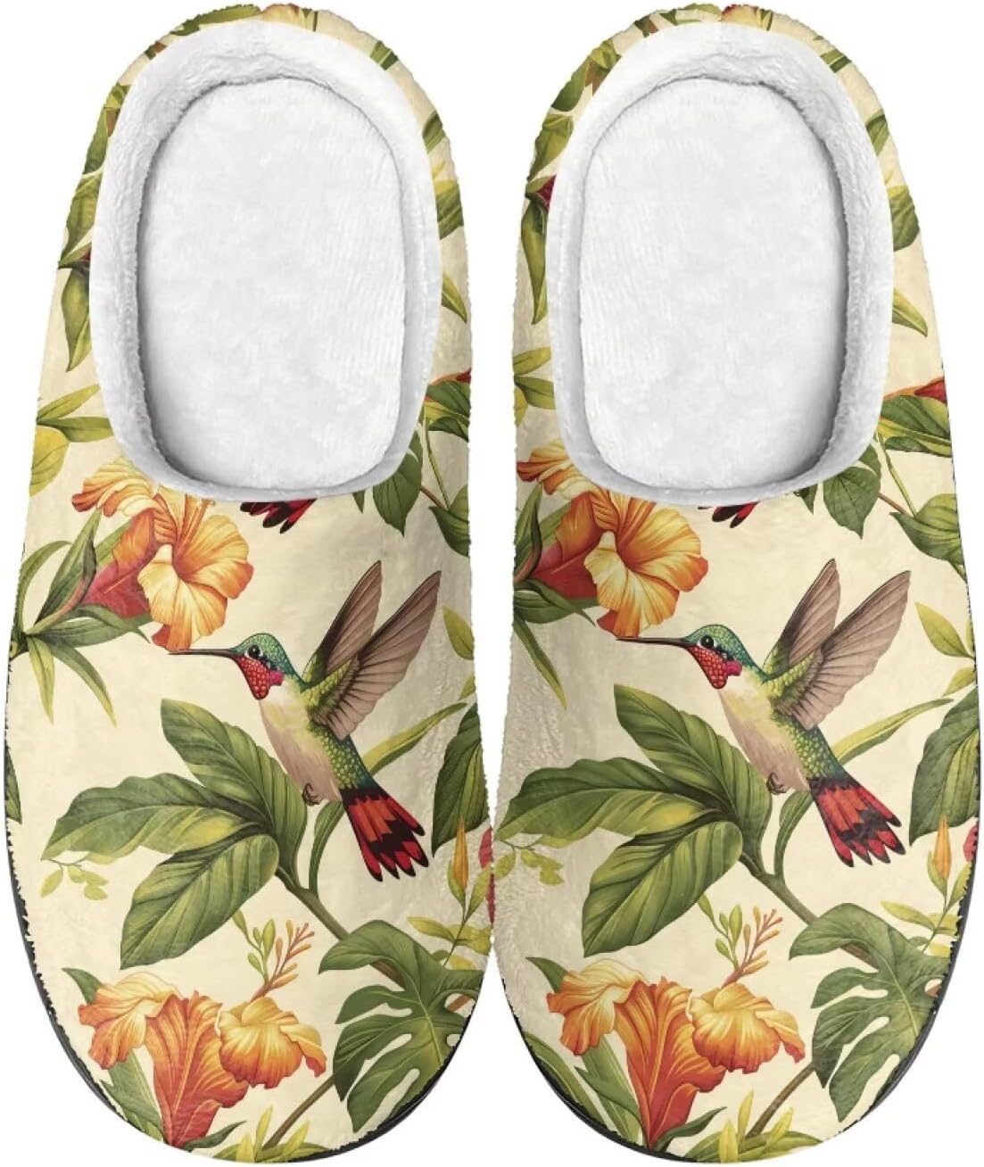 

Удобные плюшевые тапочки Cadowhimsy с закрытым носком, домашние тапочки без шнурков, пушистые домашние тапочки для женщин и мужчин, для дома и улицы, Hummingbird Hibiscus Flower