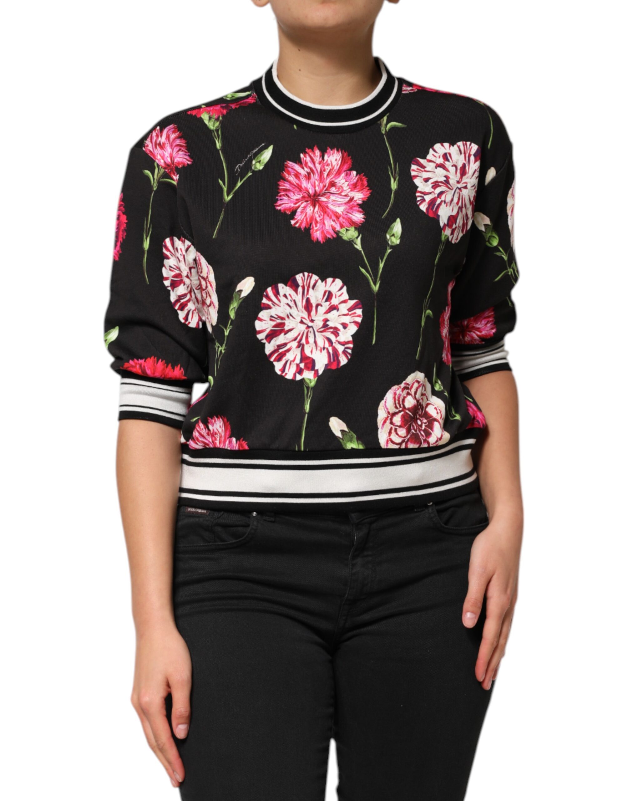 Черный хлопковый топ с цветочным принтом и короткими рукавами Dolce & Gabbana