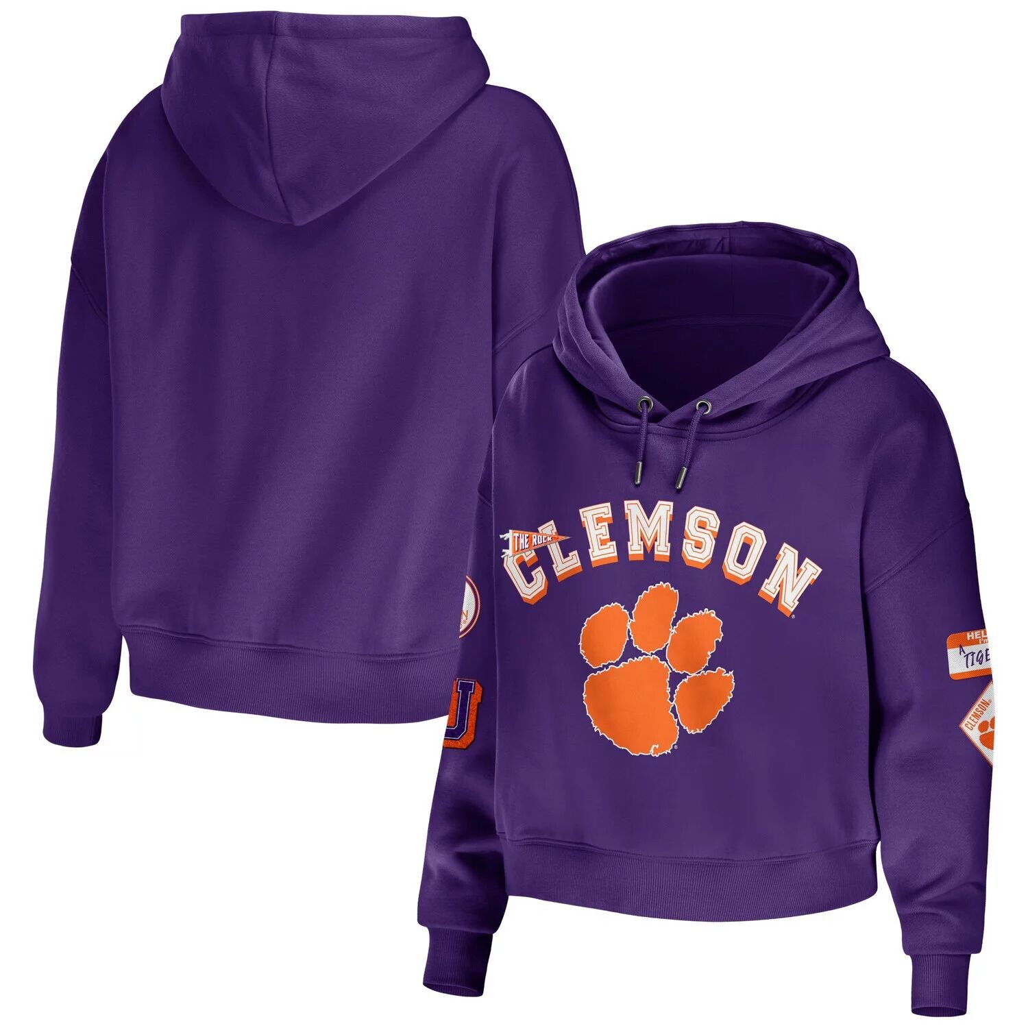 

Женская одежда WEAR by Erin Andrews Фиолетовый укороченный пуловер с капюшоном Clemson Tigers, смешанная техника