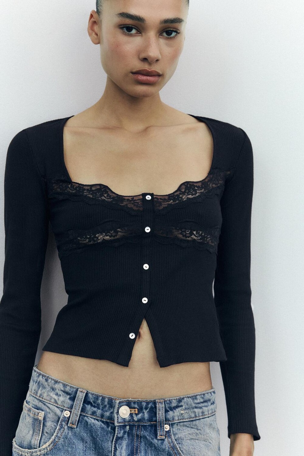 

Комбинированный кружевной топ ZARA, черный
