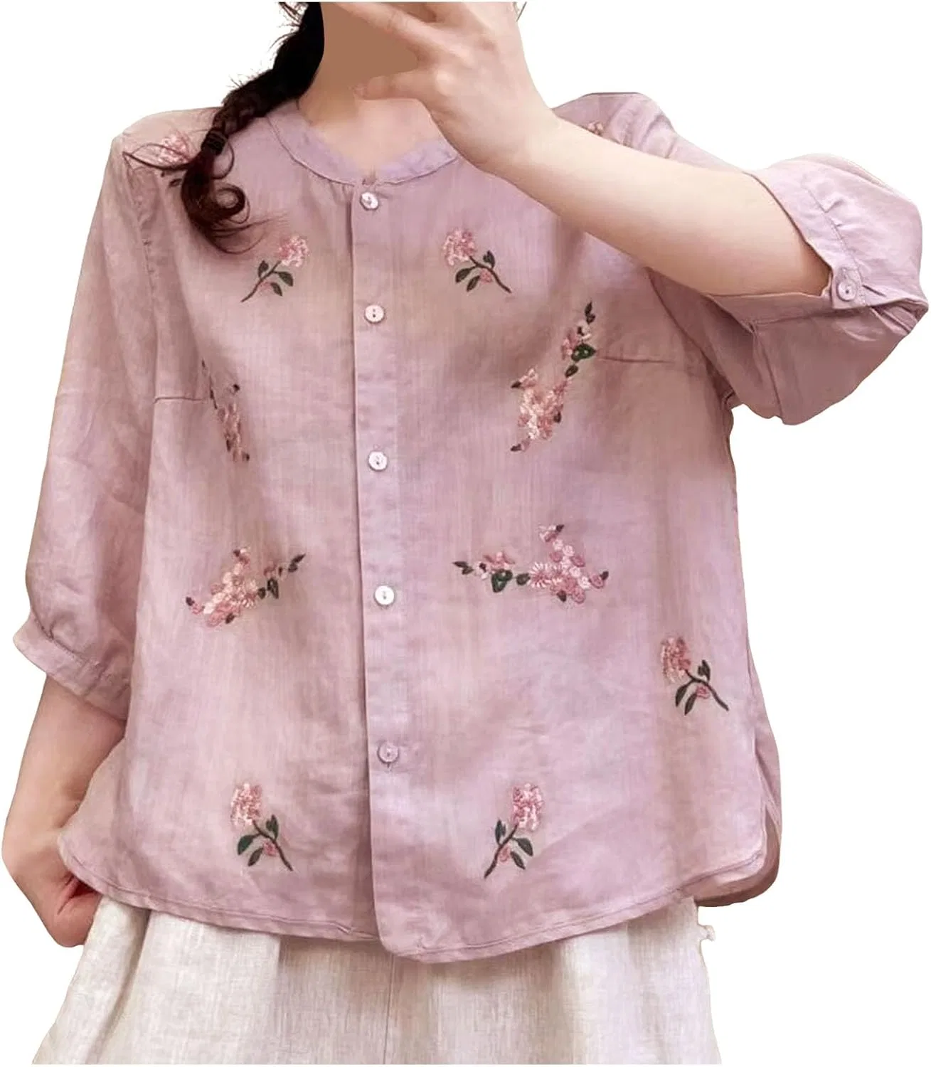 Блуза с вышивкой, из хлопка и льна, Oversize T-Shirt, фиолетовый