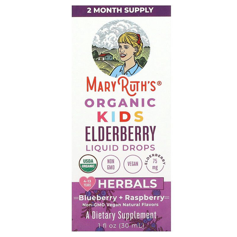 

MaryRuth's, Organic, жидкие капли из бузины для детей, от 4 до 13 лет, голубика и малина, 75 мг, 30 мл (1 жидк. Унция)