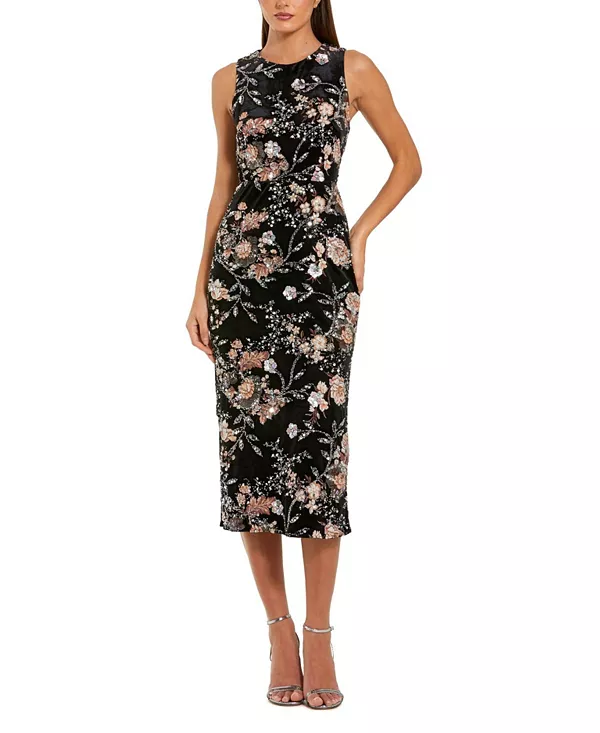 

Вышитое бархатное платье миди без рукавов с высоким воротником Mac Duggal, мультиколор