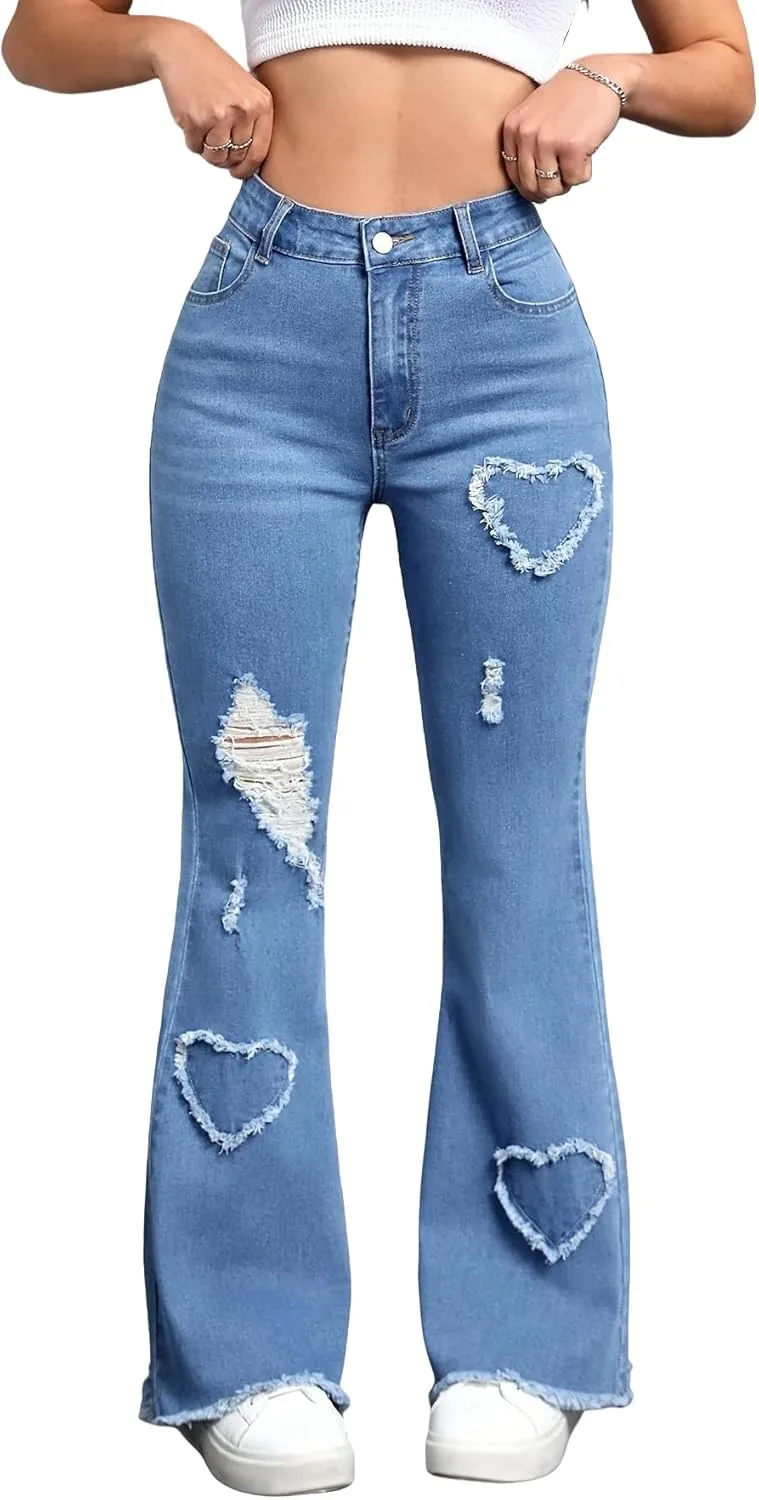 

Женские джинсы high-waisted baggy boot с вышивкой heart embroidery