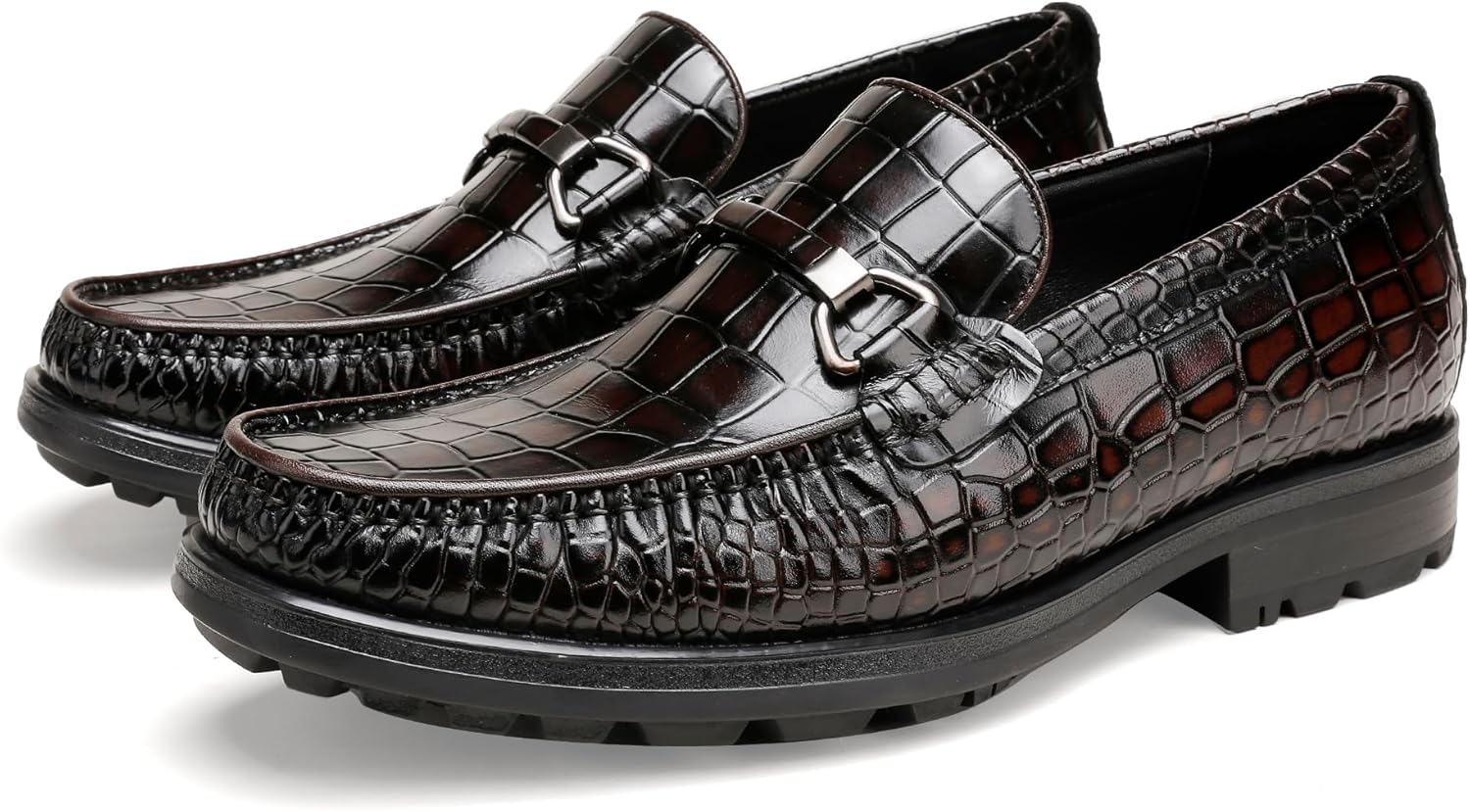 

Мужские классические туфли с отделкой под крокодила, с металлической пряжкой, слипоны, подходящие для свадеб и официальных мероприятий Generic, Coffee