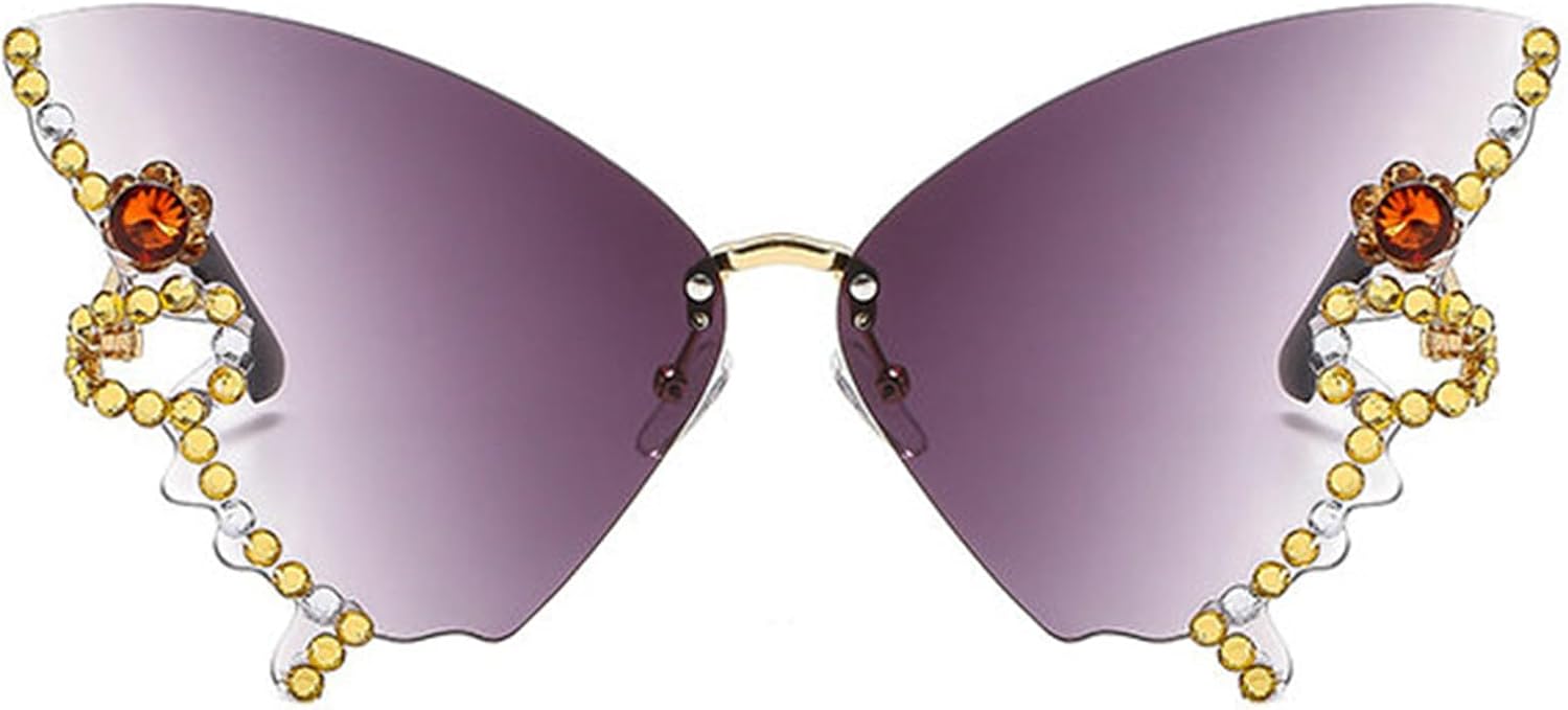 

Willochra Женские солнцезащитные очки без оправы Модные солнцезащитные очки с бабочками и бриллиантами Многоугольная безрамочная модель для вечеринок «кошачий глаз», Black