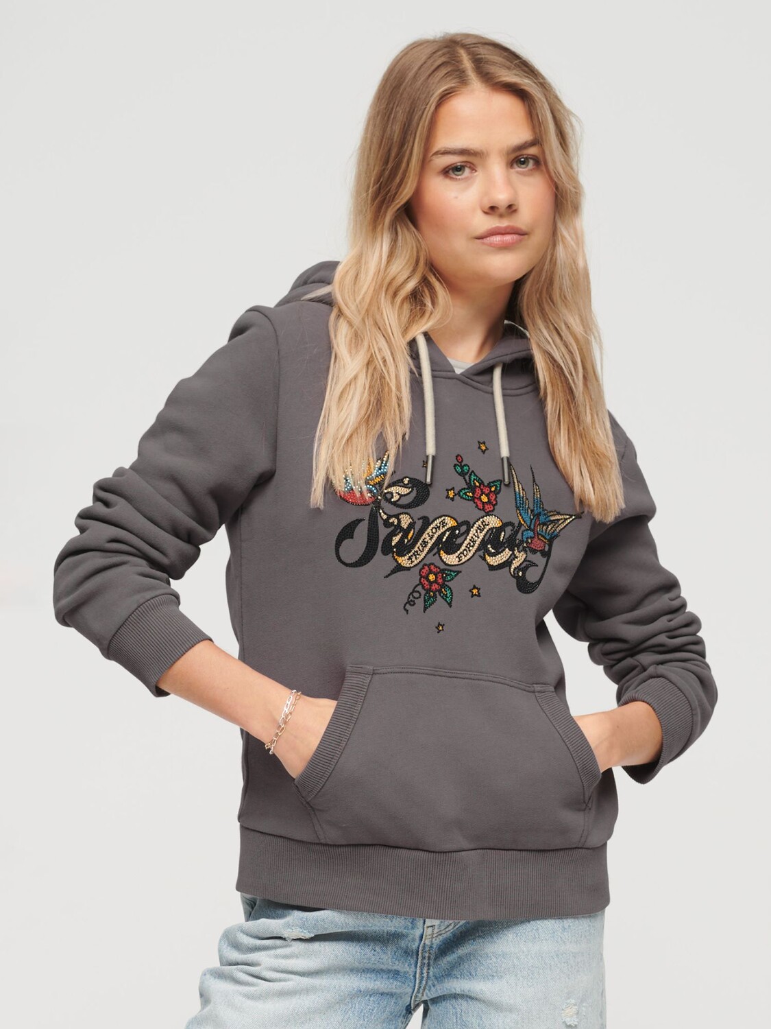 

Толстовка с рисунком и стразами в стиле татуировки Superdry, рок-серый