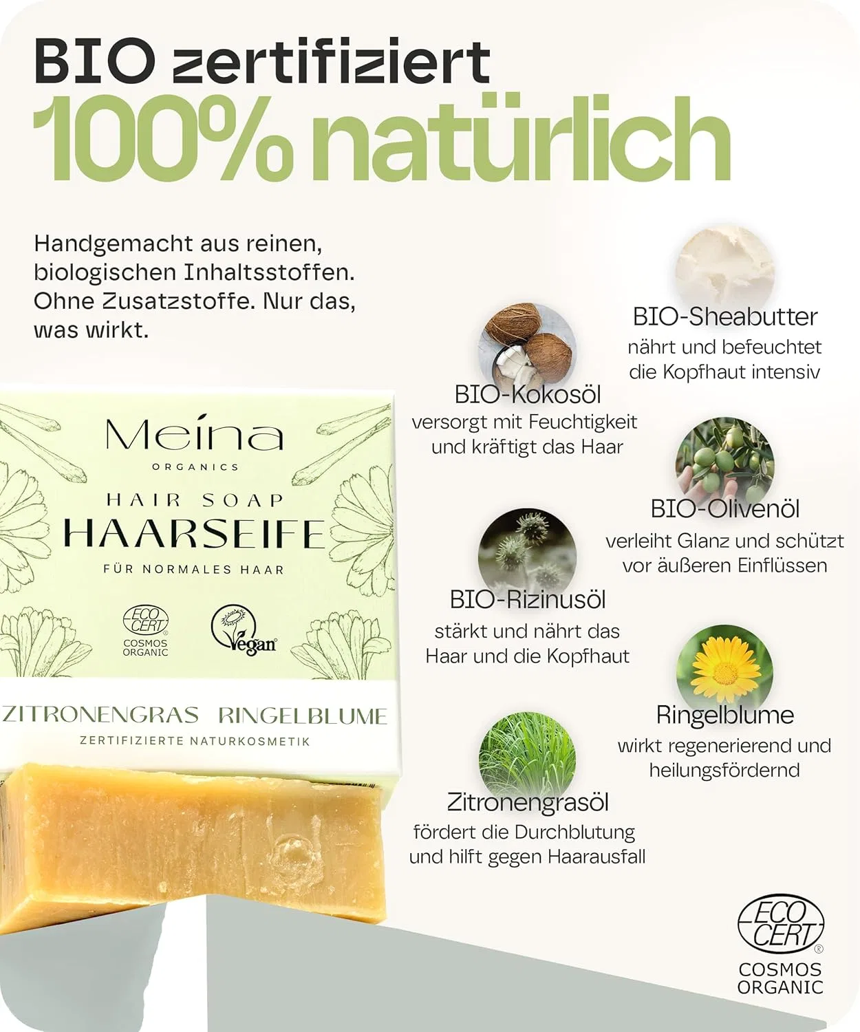 Твердый органический шампунь Meina Natural Cosmetics с лемонграссом и календулой, 80 г Meina — фото 4