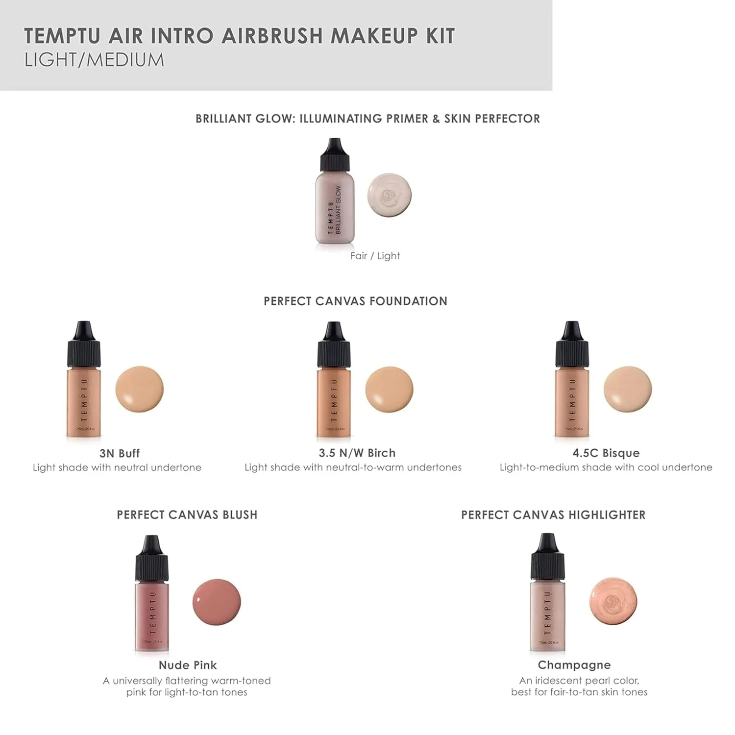 Набор TEMPTU Air Intro Airbrush: 9 предметов, беспроводное устройство, сменный картридж, 3 тональных основы Perfect Canvas Semi-Matte, праймер, румяна, хайлайтер, очиститель и запасные Airpods — фото 2